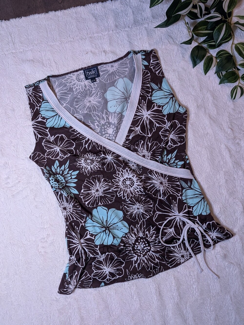 Twik brown floral wrap tankini swimsuit with aqua accents